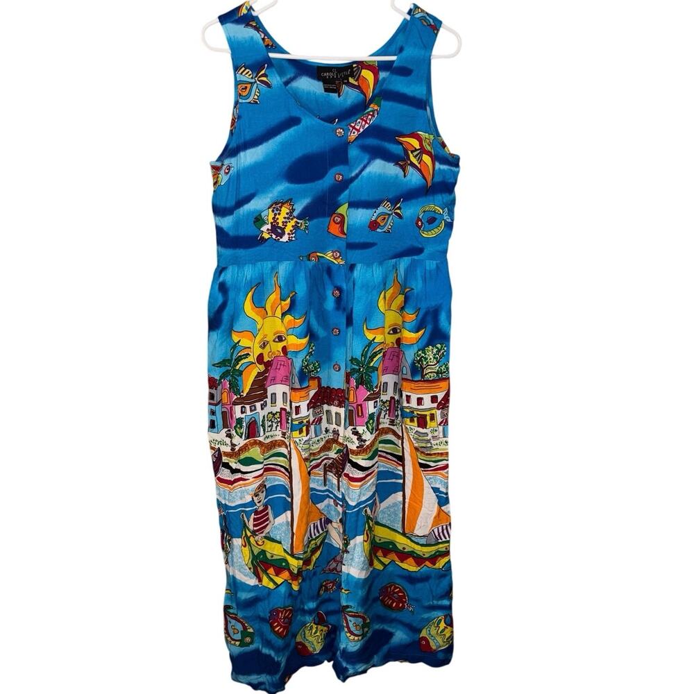 Vintage Carol Little Sport button-front tropical beach print maxi dress size 14
